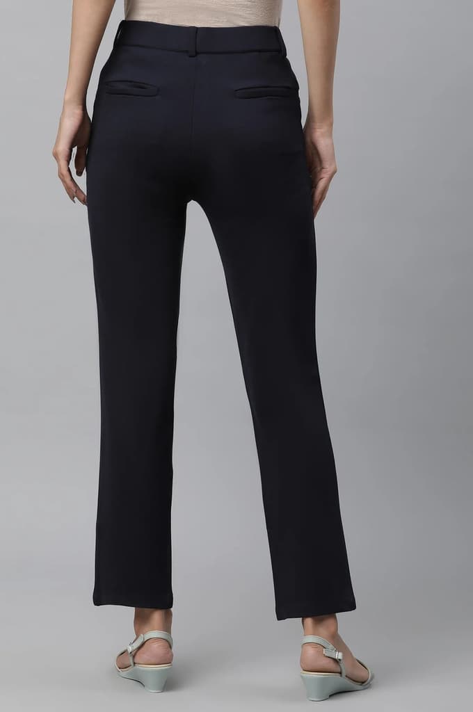 Navy Blue Solid Slim Fit Trousers With Elasticated Waist — photo 3