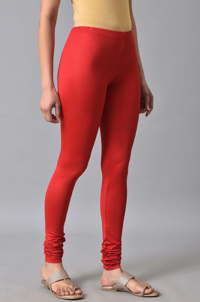 Red Solid Skinny Fit Cotton Churidar With Elasticated Waistband — photo 4