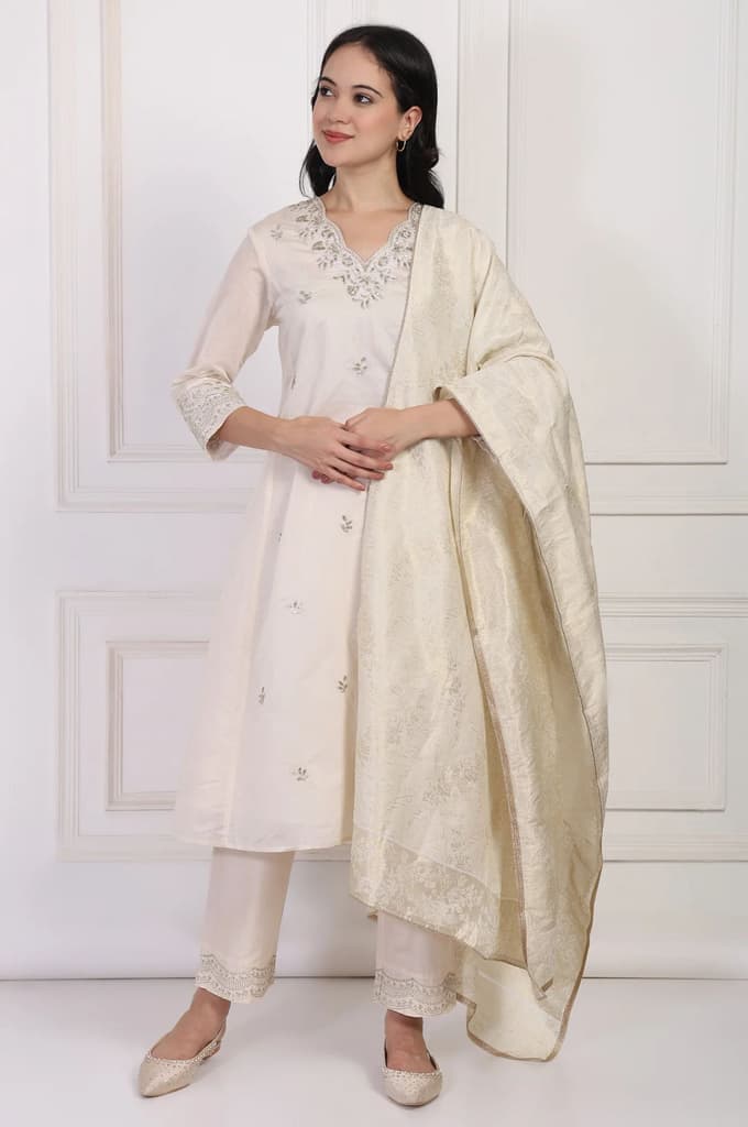 Off-White Embroidered A-Line Kurta with Straight Pant and Dupatta Set