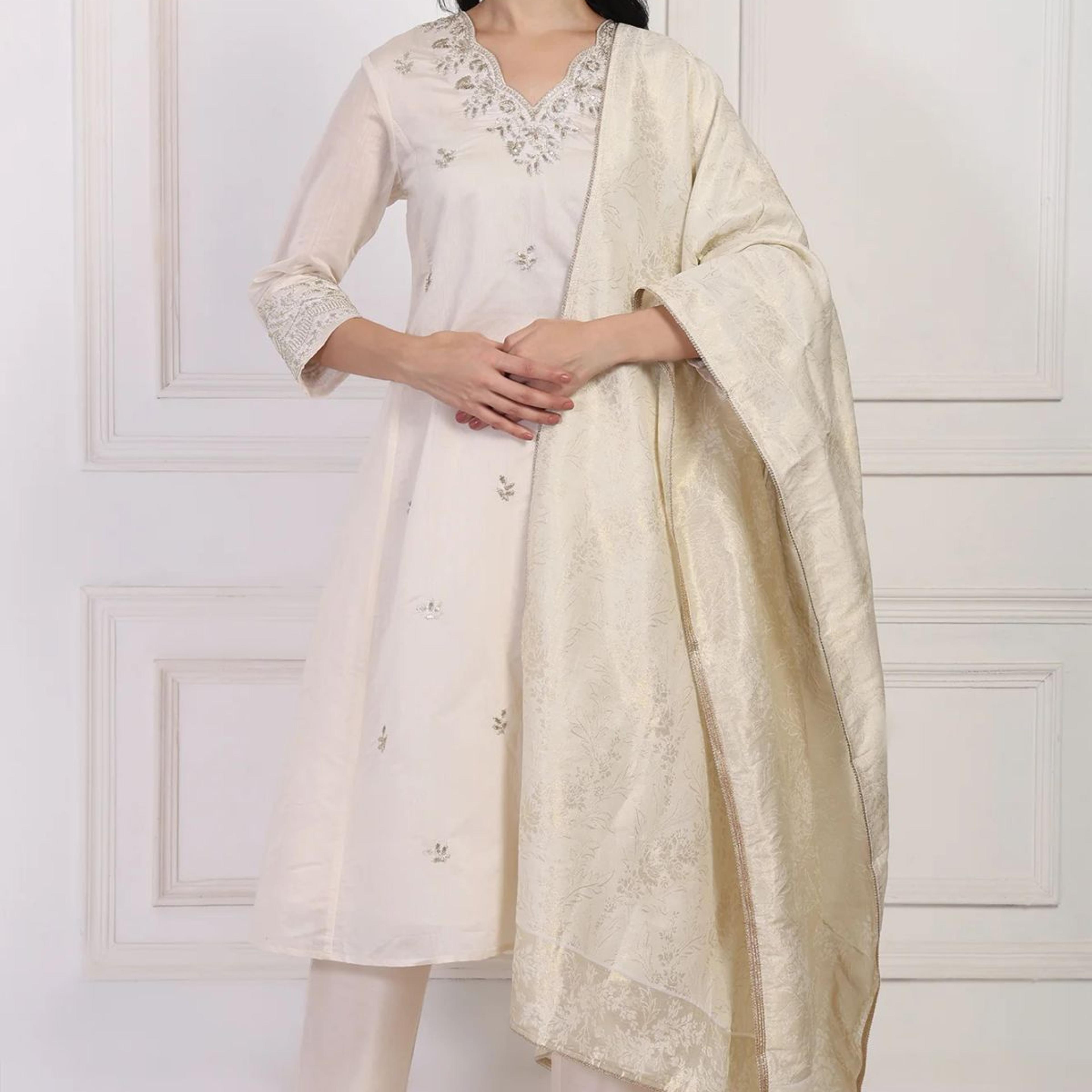 Off-White Embroidered A-Line Kurta with Straight Pant and Dupatta Set