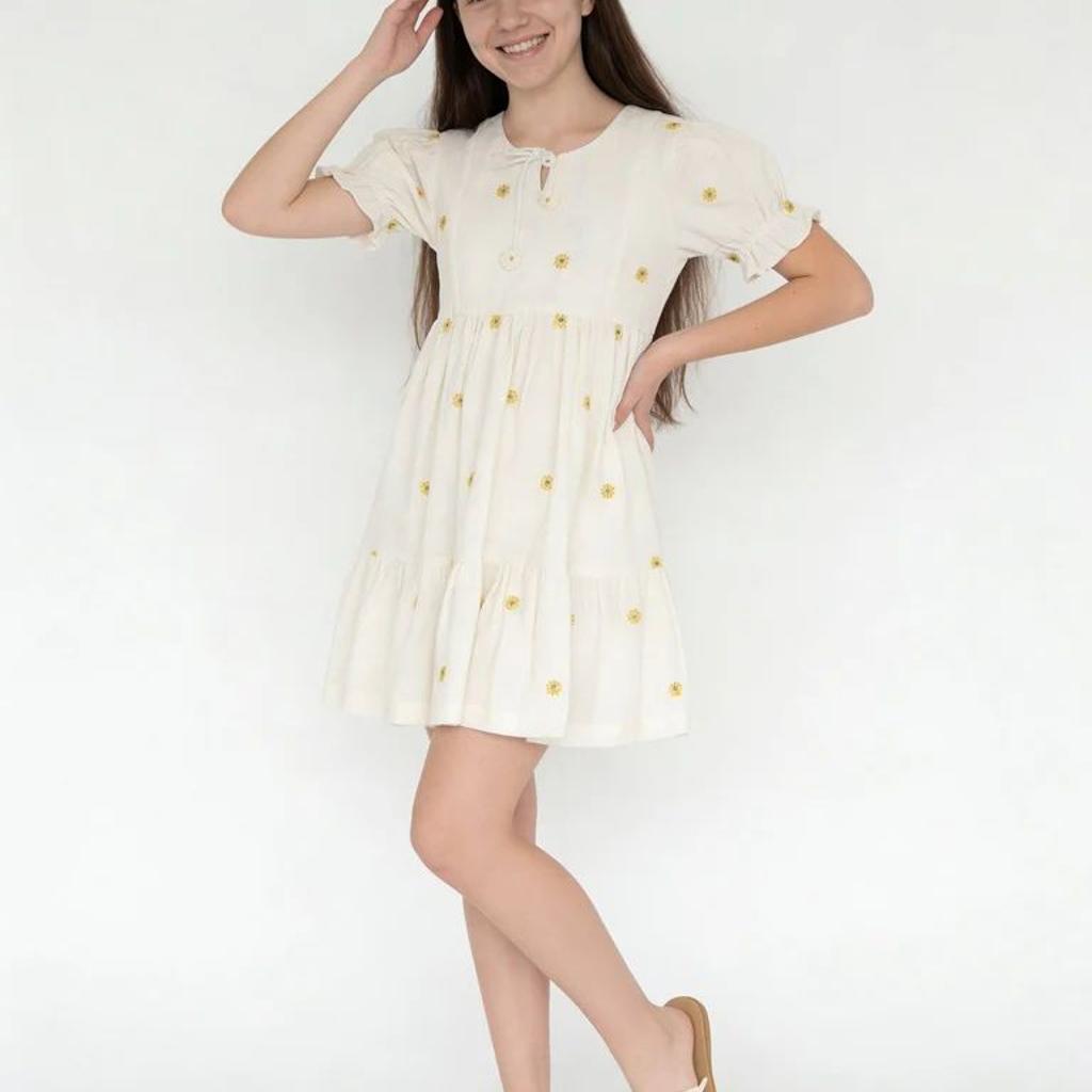 Utsa Kids Girls White Floral Embroidered Cotton-Blend Dress - (8-14 yrs)