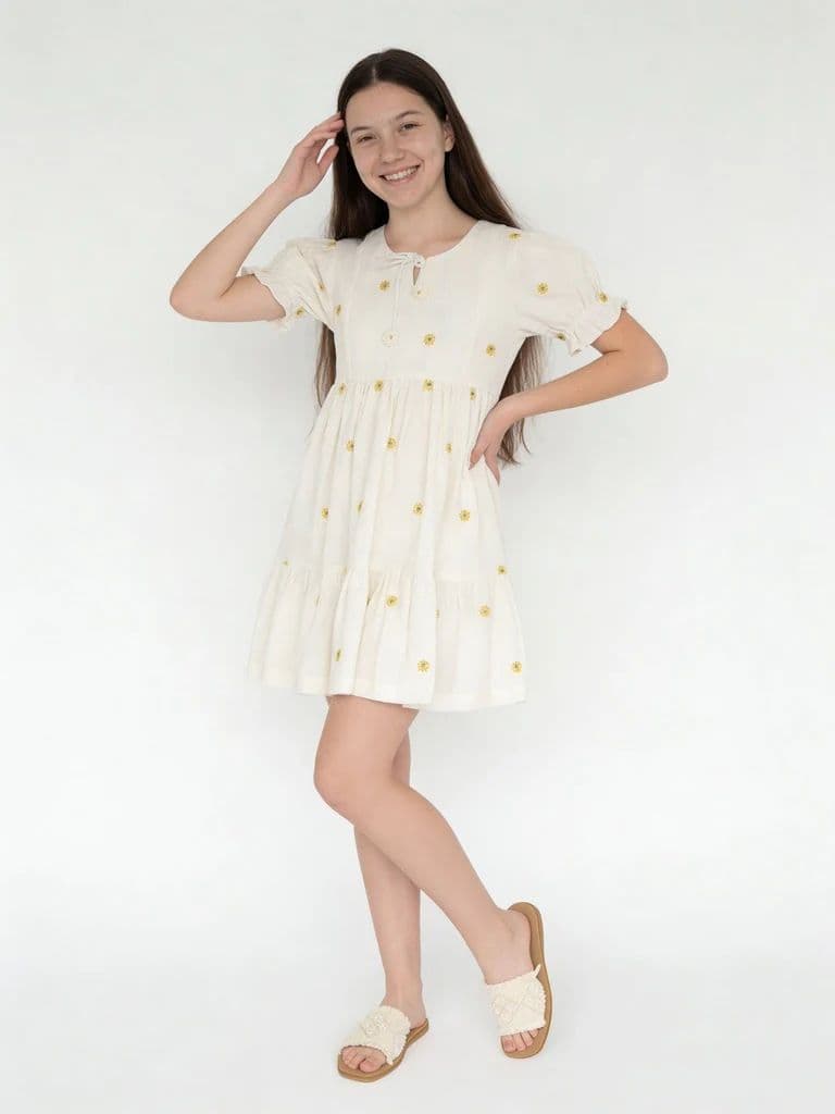 Utsa Kids Girls White Floral Embroidered Cotton-Blend Dress - (8-14 yrs)