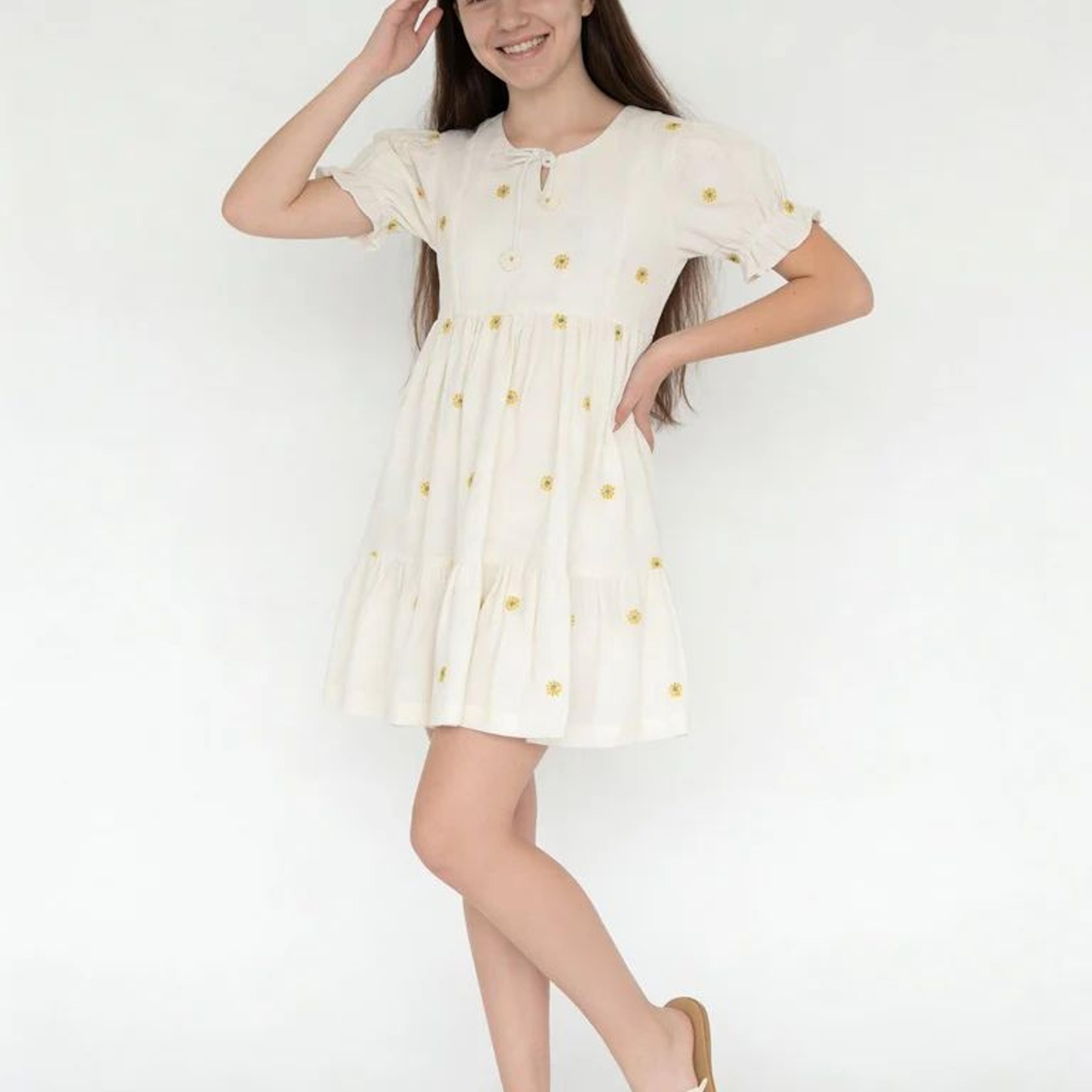 Utsa Kids Girls White Floral Embroidered Cotton-Blend Dress - (8-14 yrs)