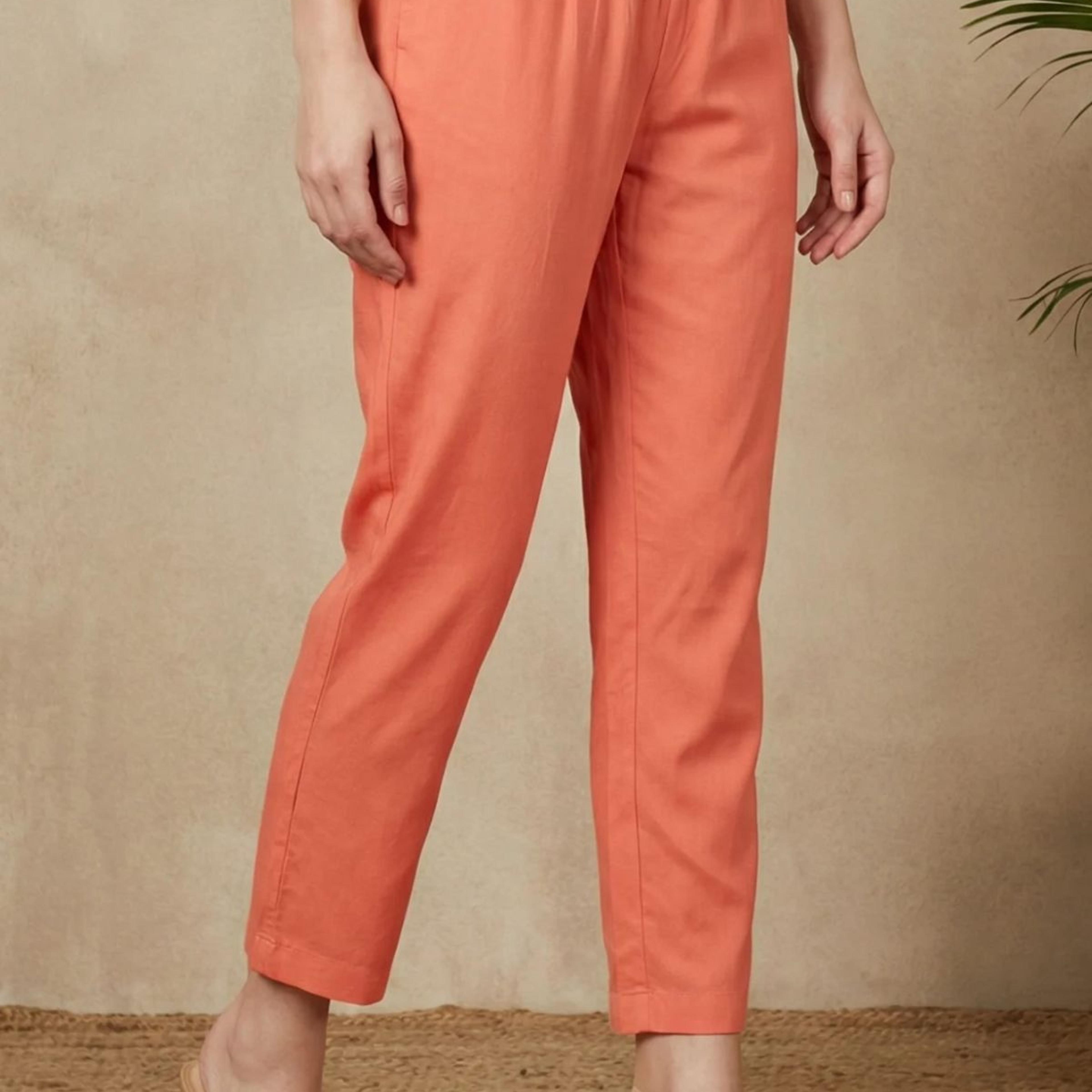 Peach Solid Pure Cotton Ankle Length Straight Pants