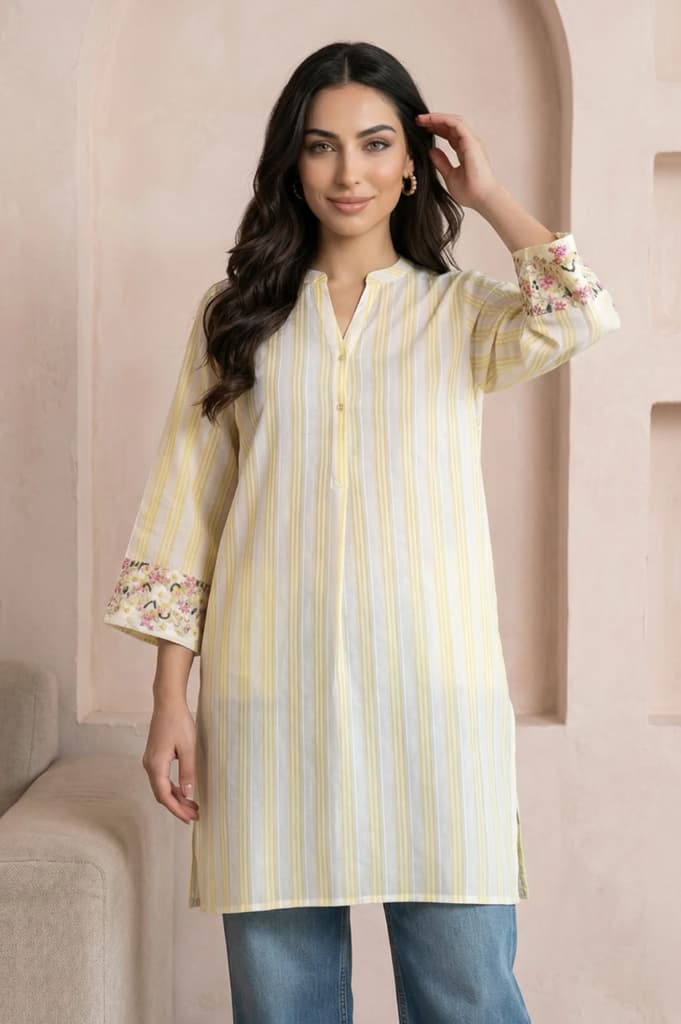 Off White and Yellow Striped Pure Cotton Straight Tunic — XS