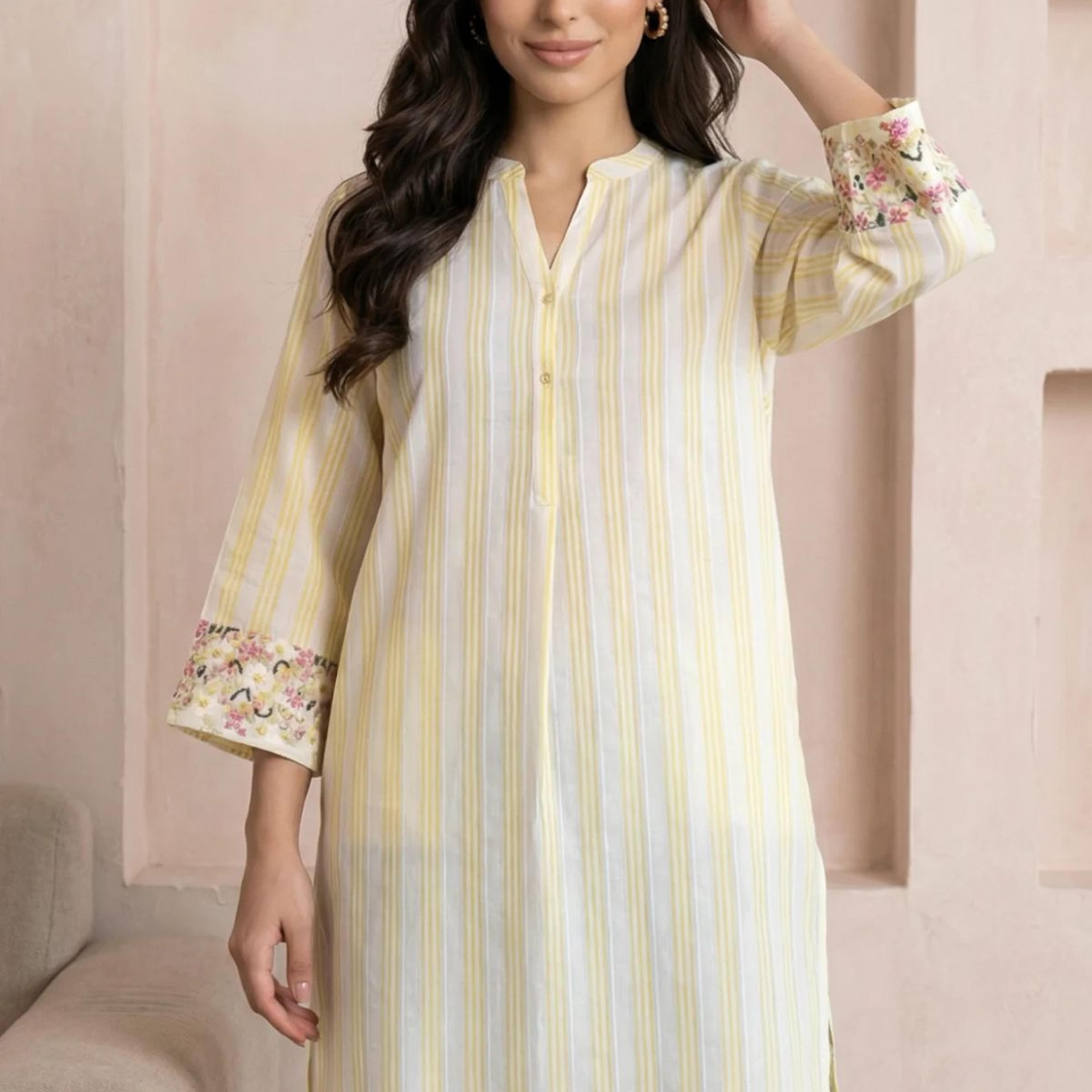 Off White and Yellow Striped Pure Cotton Straight Tunic
