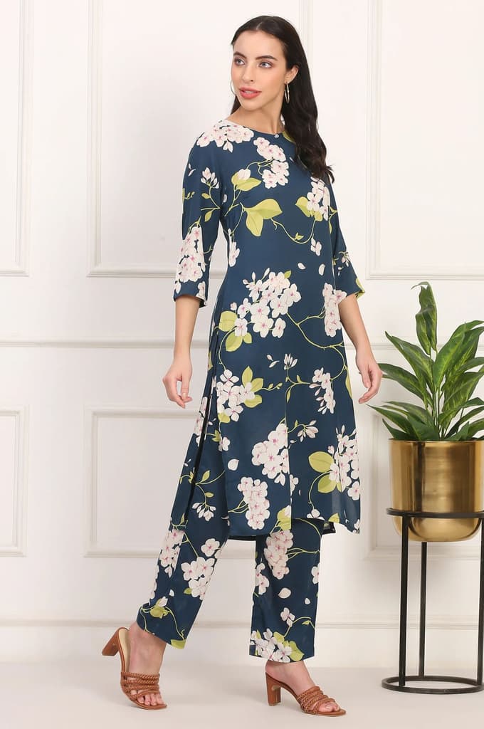Navy Blue Floral Printed Straight Pure Cotton Kurta and Straight Pants Co-ord Set — photo 6