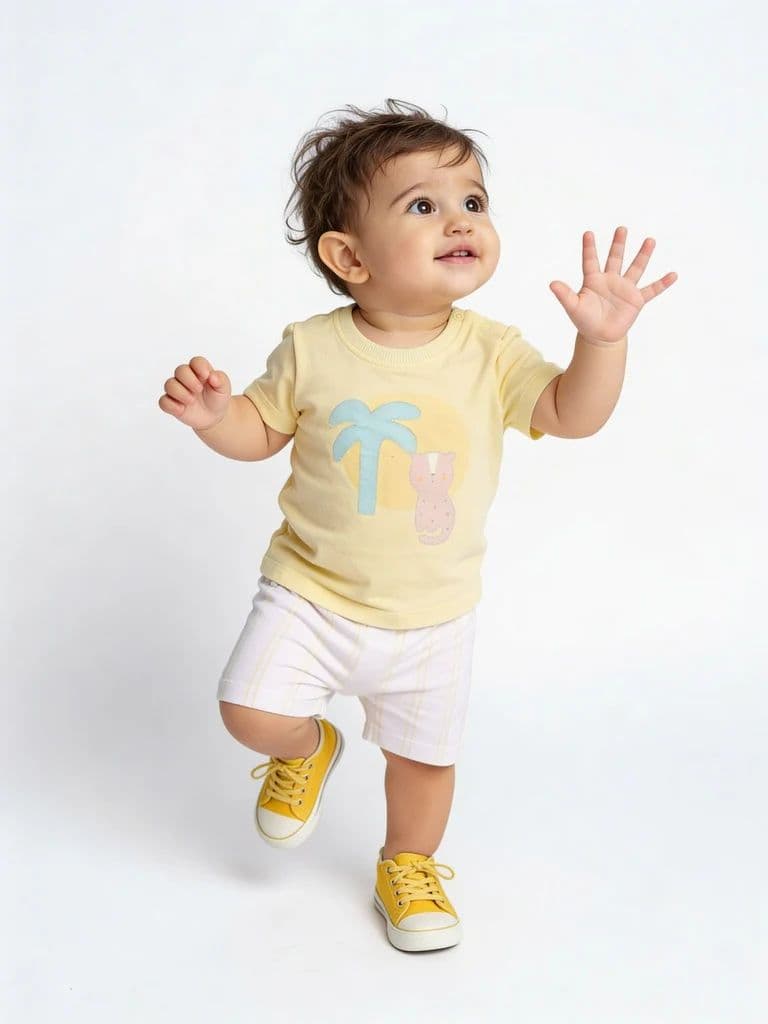 HOP Baby Boys Yellow Printed Cotton T-Shirt and Shorts Set
