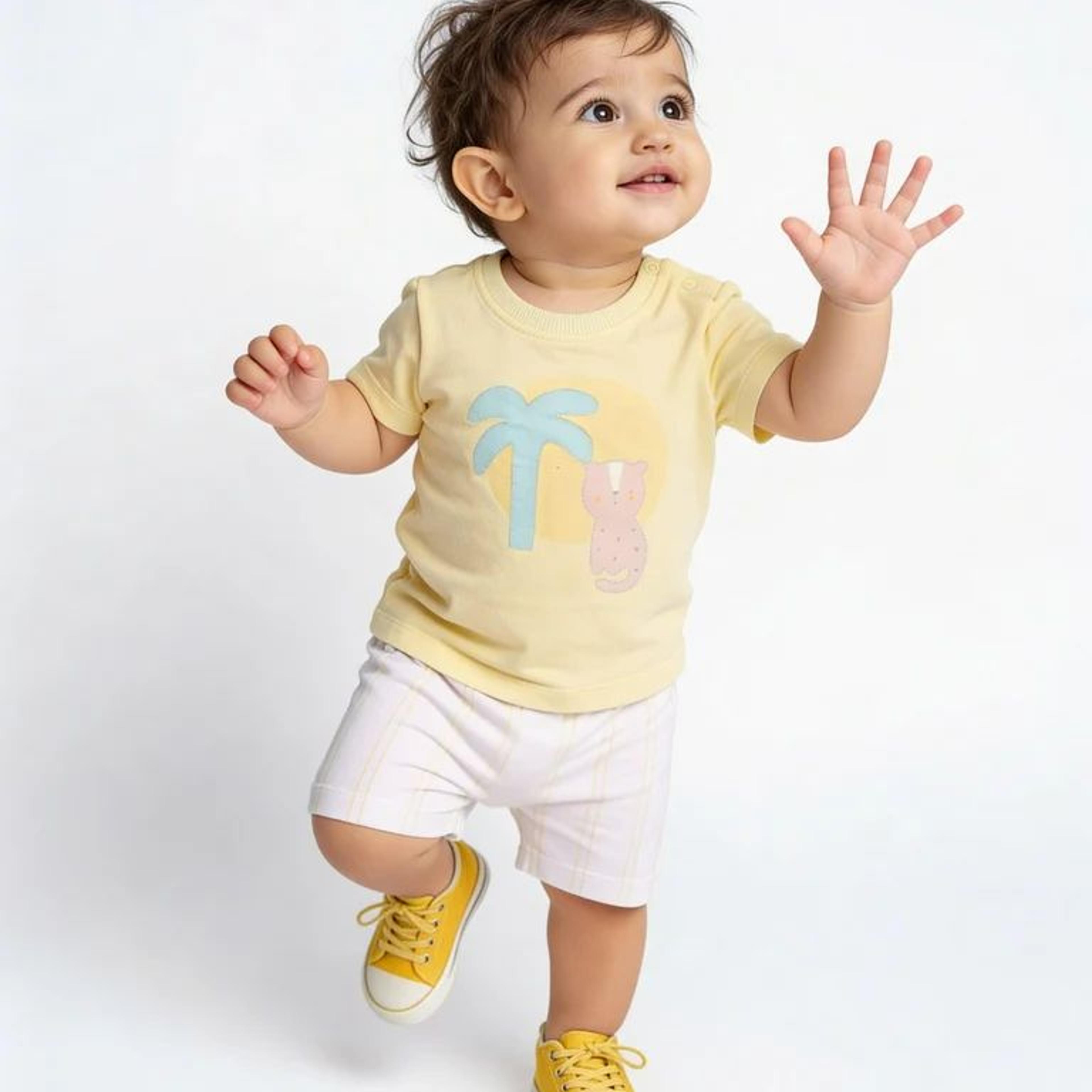 HOP Baby Boys Yellow Printed Cotton T-Shirt and Shorts Set