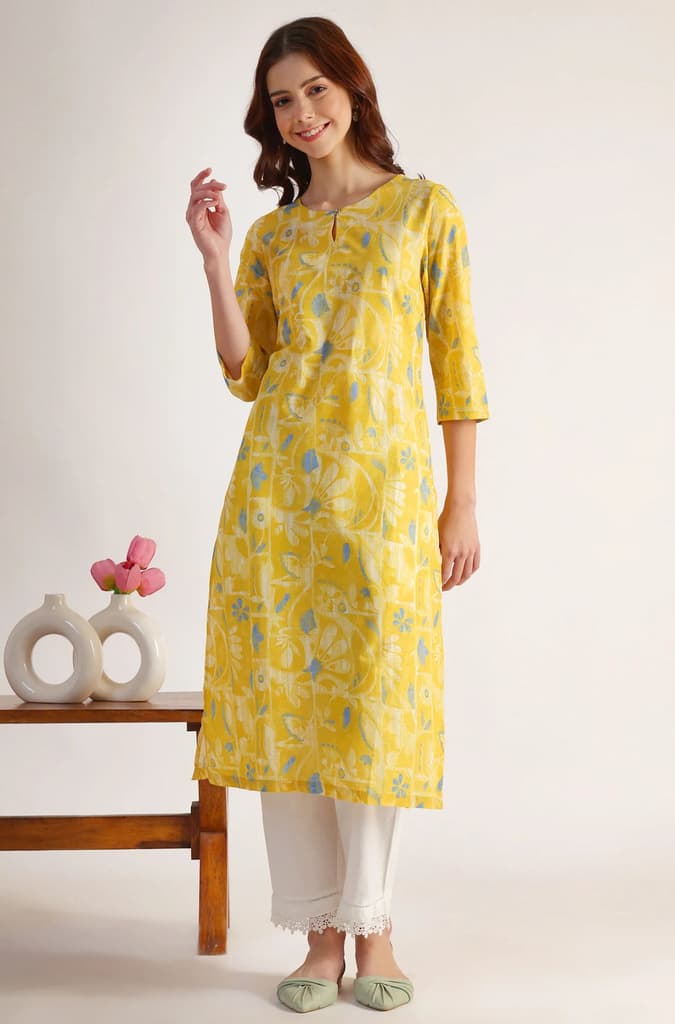 Yellow Floral Printed Straight Pure Cotton Kurta — photo 2