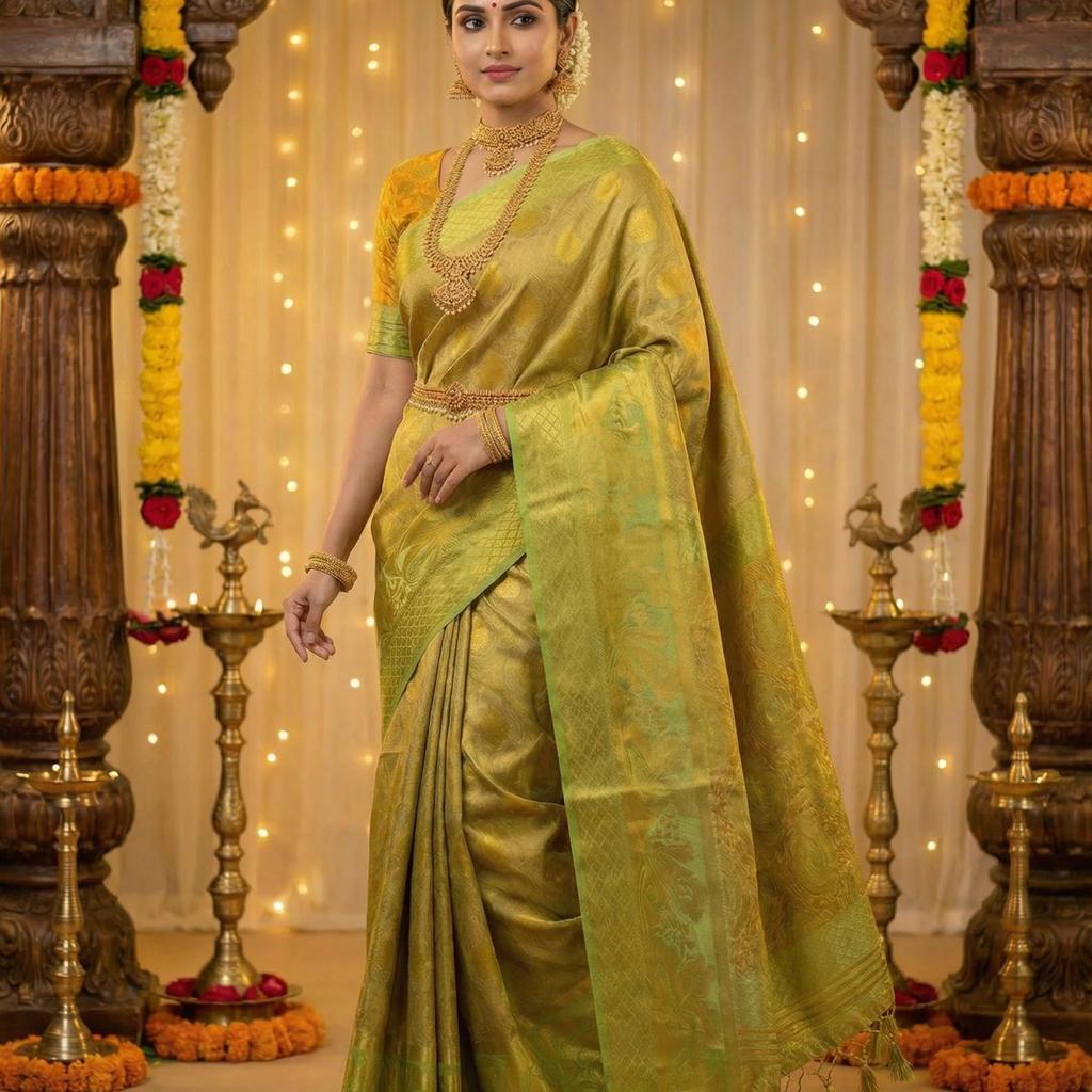 MIMOSA Women's Woven Design Kanjivaram Style Art Silk Saree with Blouse Piece - Pista ( SA00003143PSFREE )