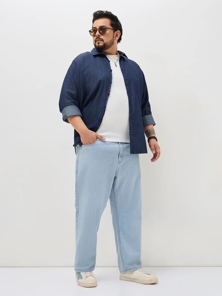 Plus Men's Ice Blue Straight Fit Washed Denim Jeans Stretchable — photo 4