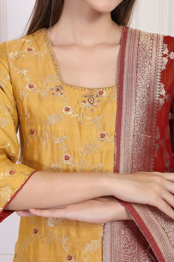 Mustard Jacquard Straight Kurta with Straight Pant and Dupatta Set — photo 3