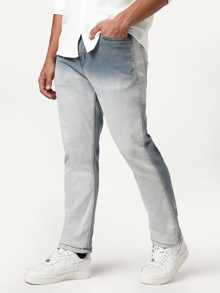 Men's Grey Straight Fit Heavy Washed Faded Denim Jeans Stretchable — photo 3