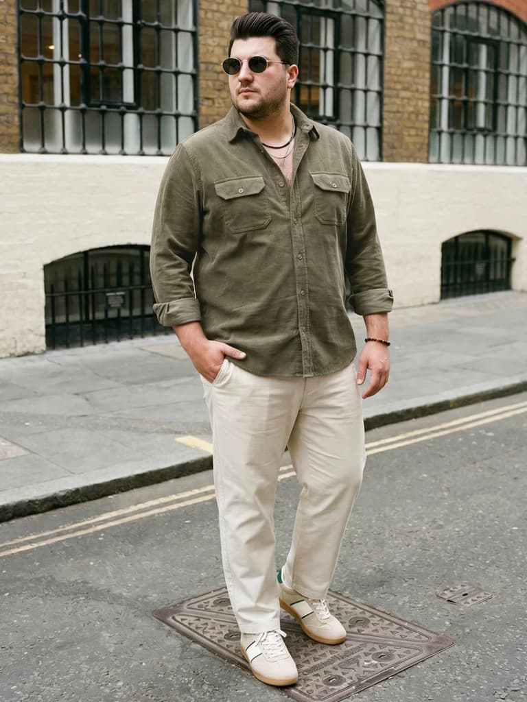 Plus Men's Light Olive Corduroy Full Sleeve Regular Fit Solid Overshirt with Utility Pockets — photo 4