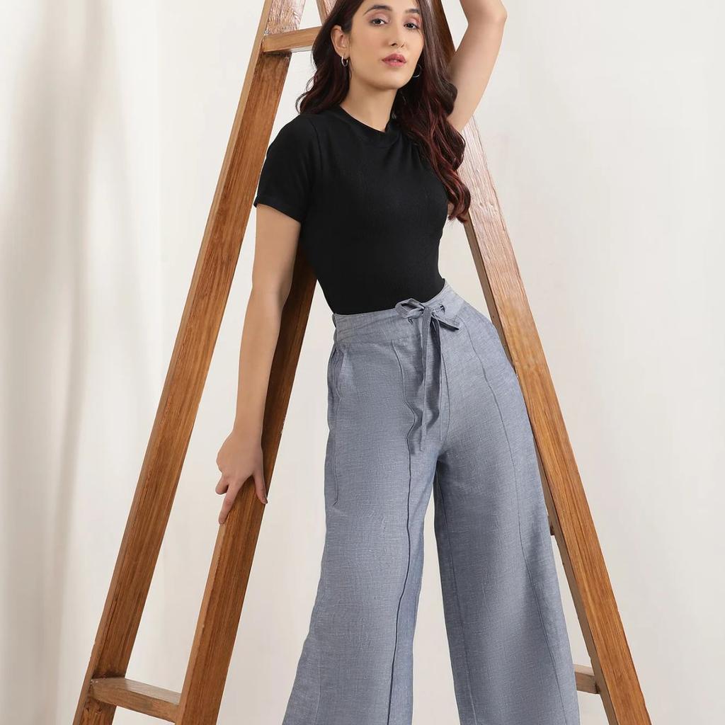 Blue Solid Flared Denim Pants With Tie Detail