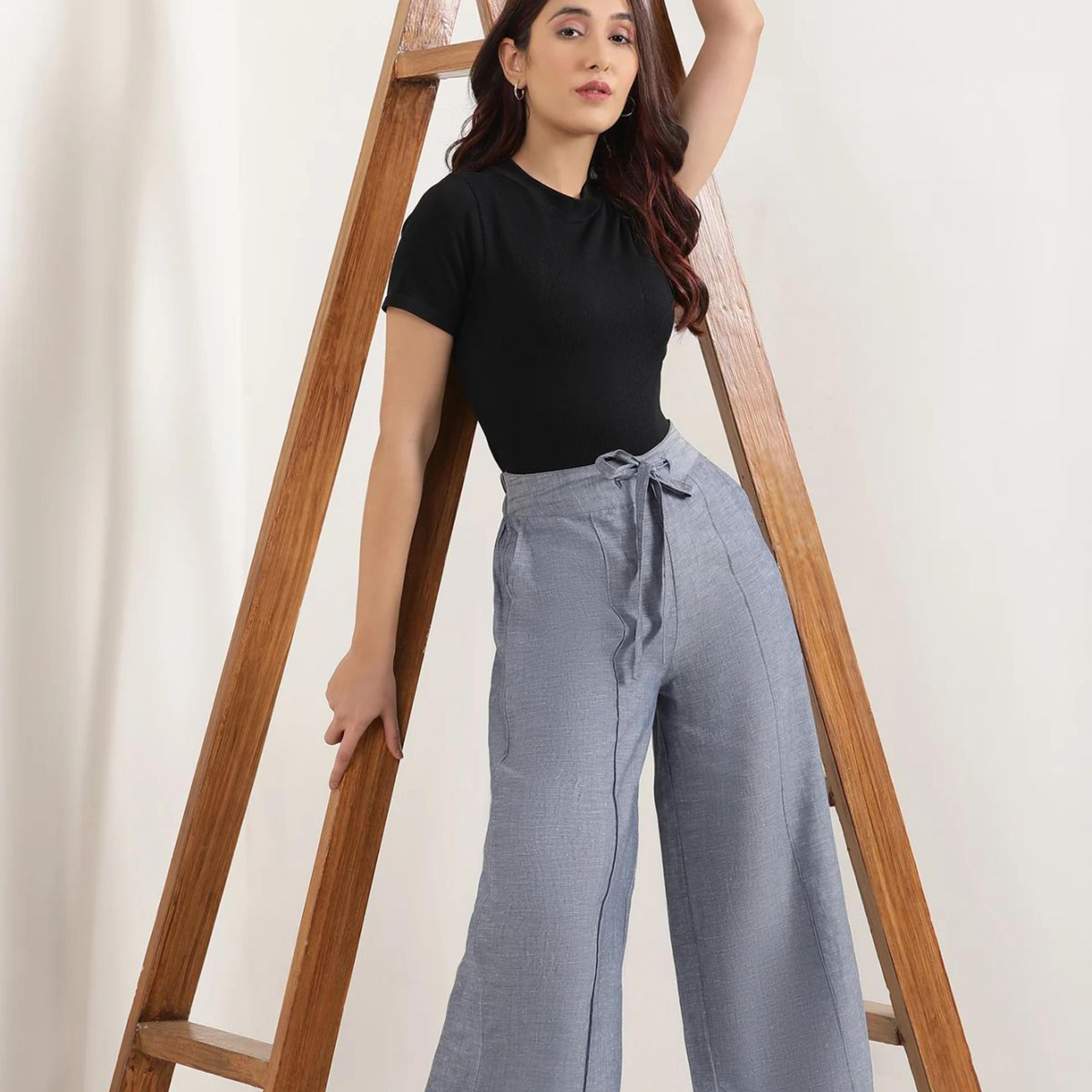Blue Solid Flared Denim Pants With Tie Detail