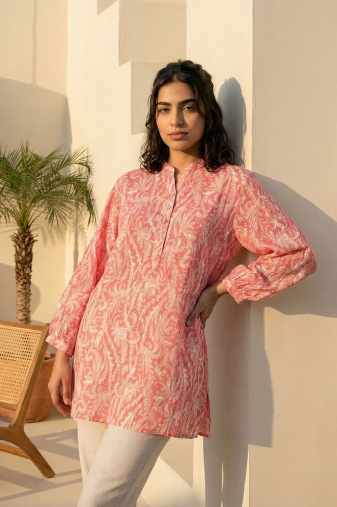 Pink Paisley Printed Modal Straight Top — XS