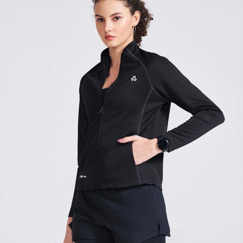 Women's Black Solid Stand Collar Jacket
