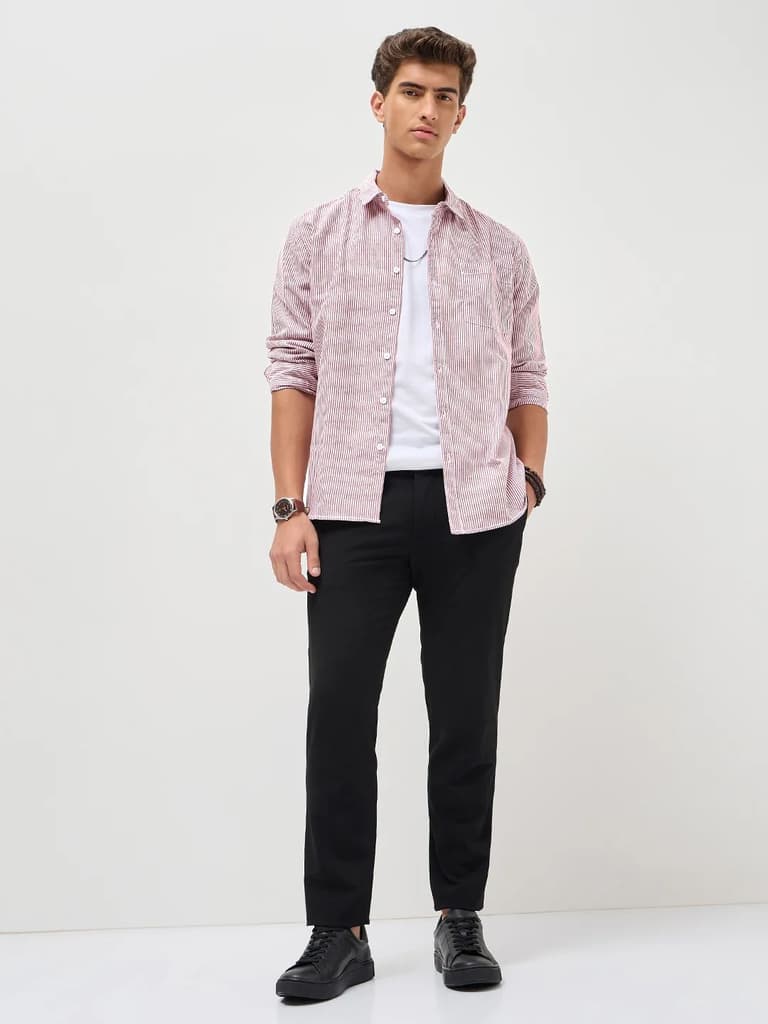 Men's Maroon Cotton Full Sleeve Regular Fit Casual Striped Shirt — photo 5