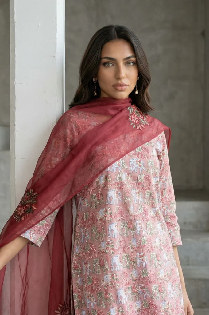 Maroon Floral Embroidered Organza Dupatta — photo 3