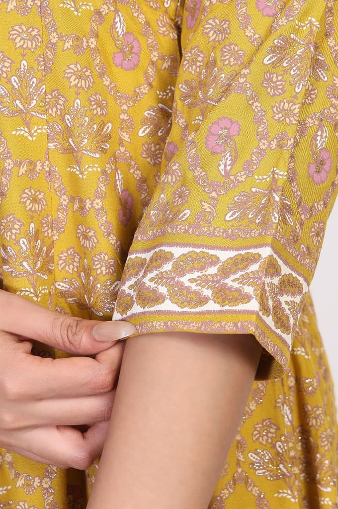 Mustard Floral Printed Rayon A-Line Kurta with Straight Pant — photo 7