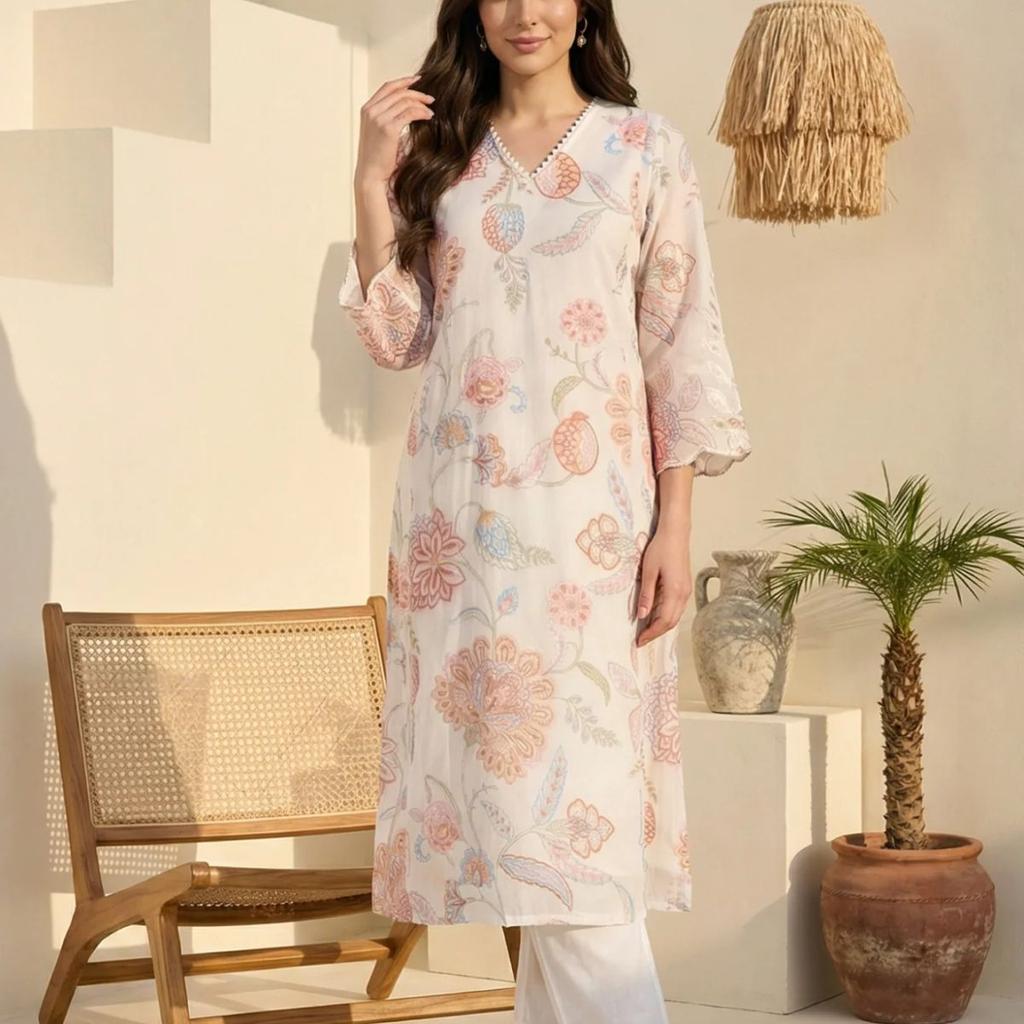 Off-White Schiffily Embroidered Floral Straight Kurta