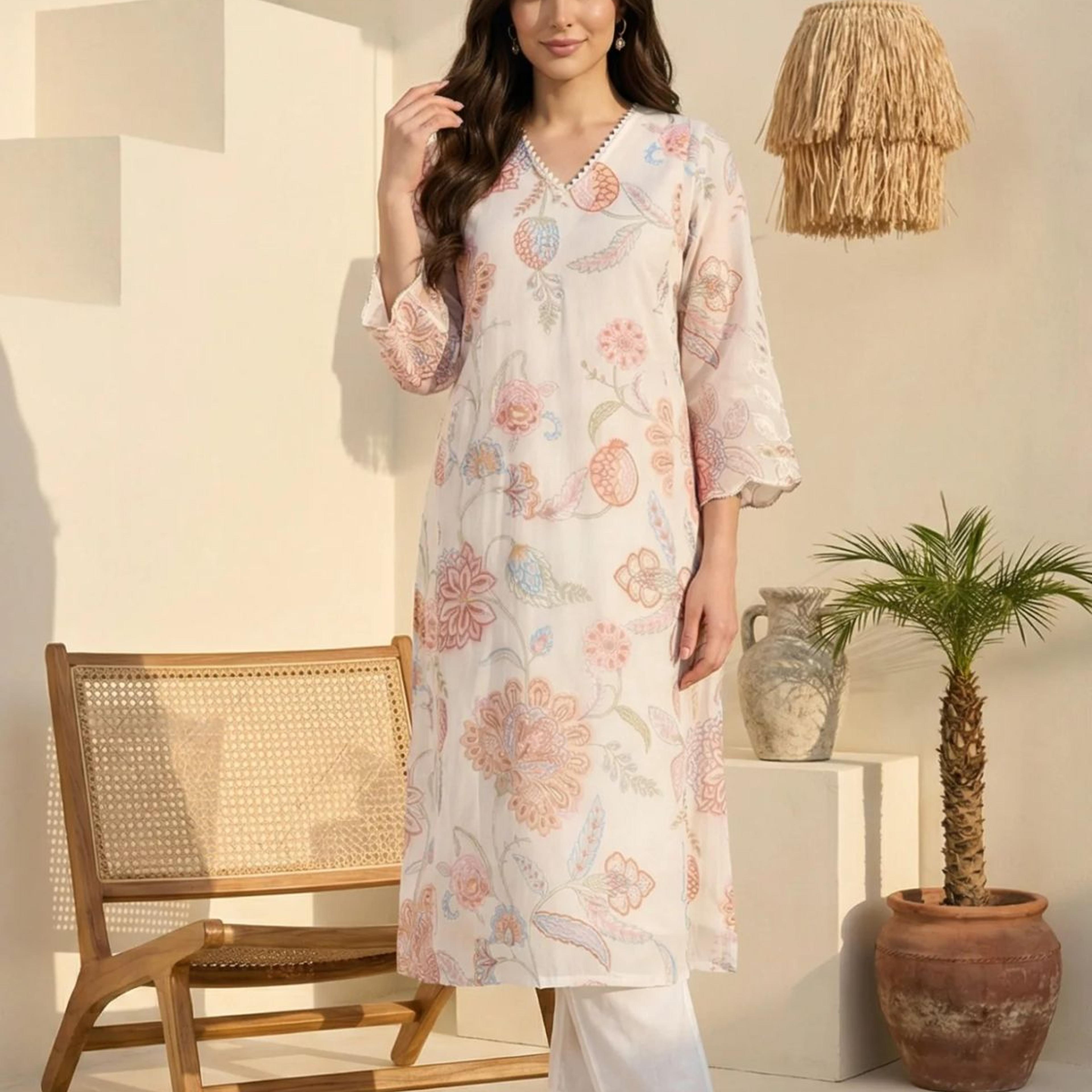 Off-White Schiffily Embroidered Floral Straight Kurta