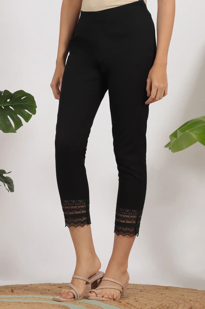 Black Solid Cotton Flax Slim Pants with Lace — photo 3