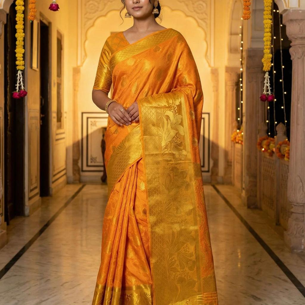 MIMOSA Women's Woven Design Kanjivaram Style Art Silk Saree with Blouse Piece - Gold ( SA00003143GDFREE )