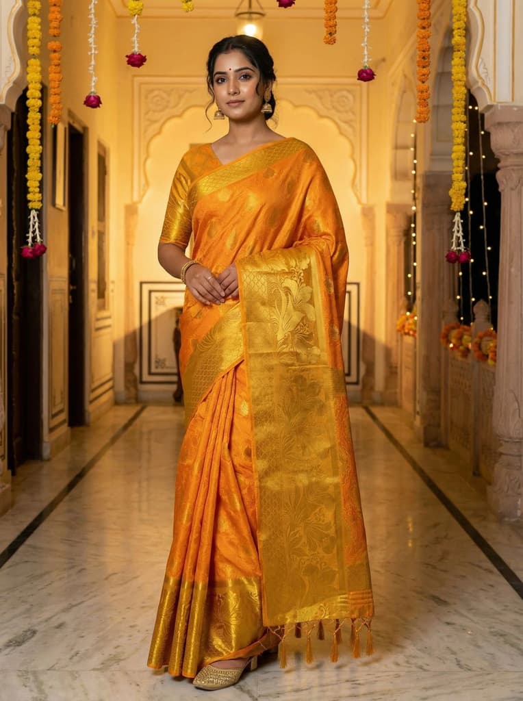 MIMOSA Women's Woven Design Kanjivaram Style Art Silk Saree with Blouse Piece - Gold ( SA00003143GDFREE ) — Default Title