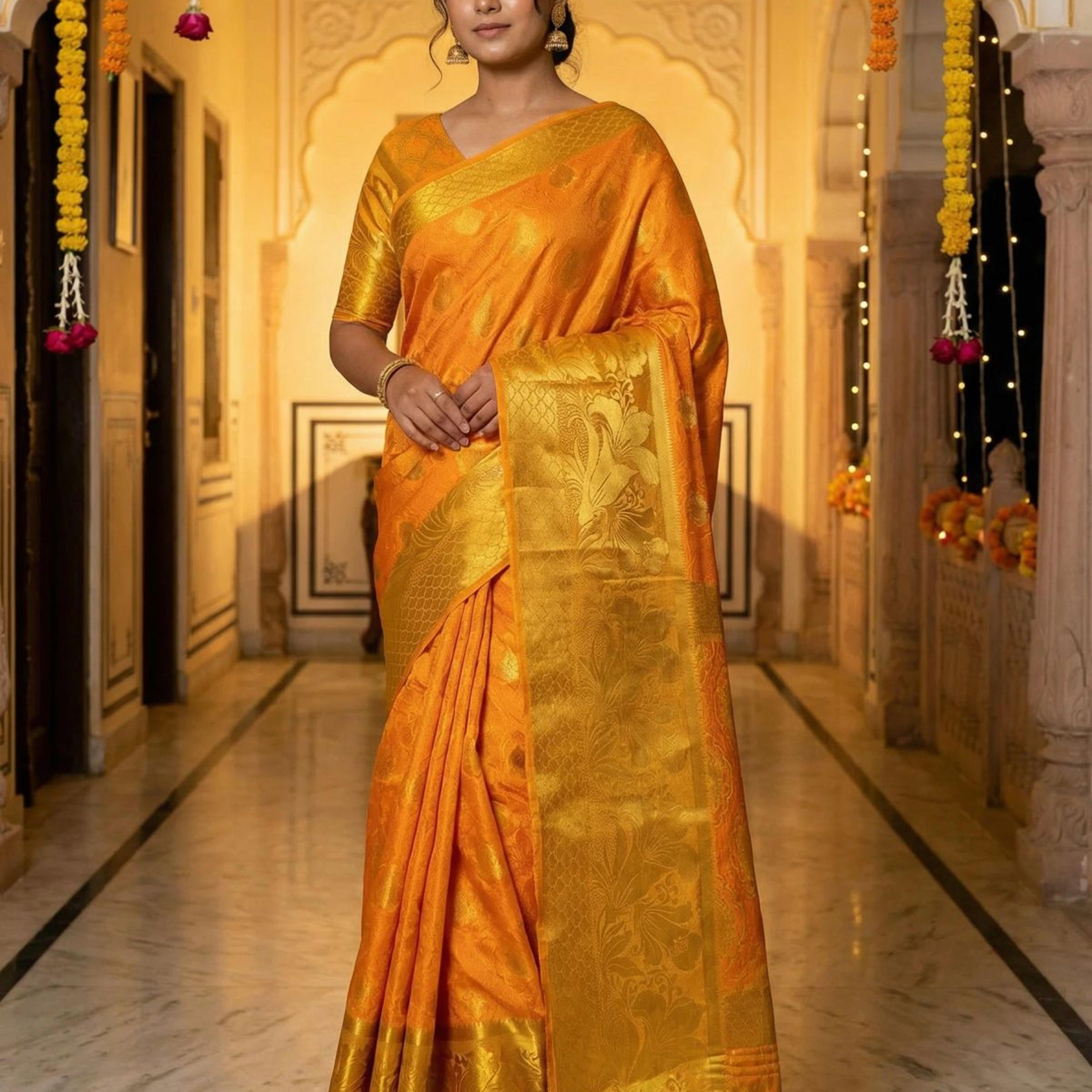 MIMOSA Women's Woven Design Kanjivaram Style Art Silk Saree with Blouse Piece - Gold ( SA00003143GDFREE )