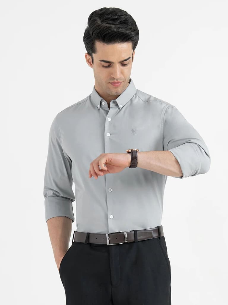 Shirts for Men in Stone Green | Cotton Blend Full Sleeve Shirt — S / Stone Green