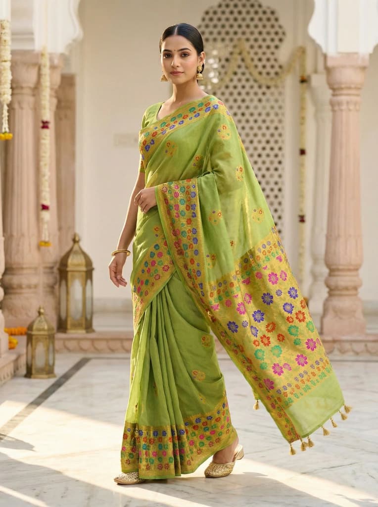 MIMOSA Women's Woven Design Paithani Style Raw Silk Saree with Blouse Piece - Olive ( SA00003127OLFREE ) — Default Title