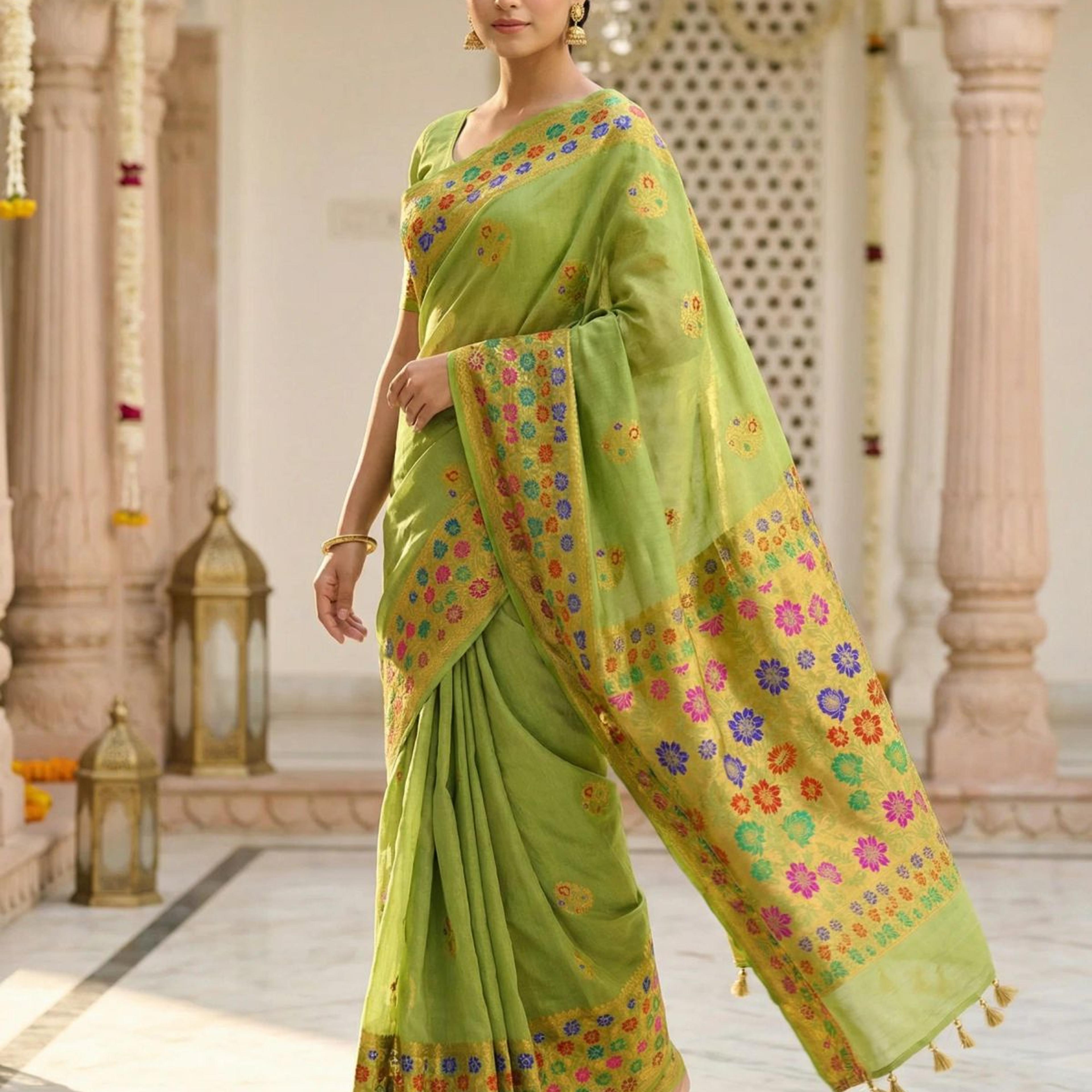 MIMOSA Women's Woven Design Paithani Style Raw Silk Saree with Blouse Piece - Olive ( SA00003127OLFREE )