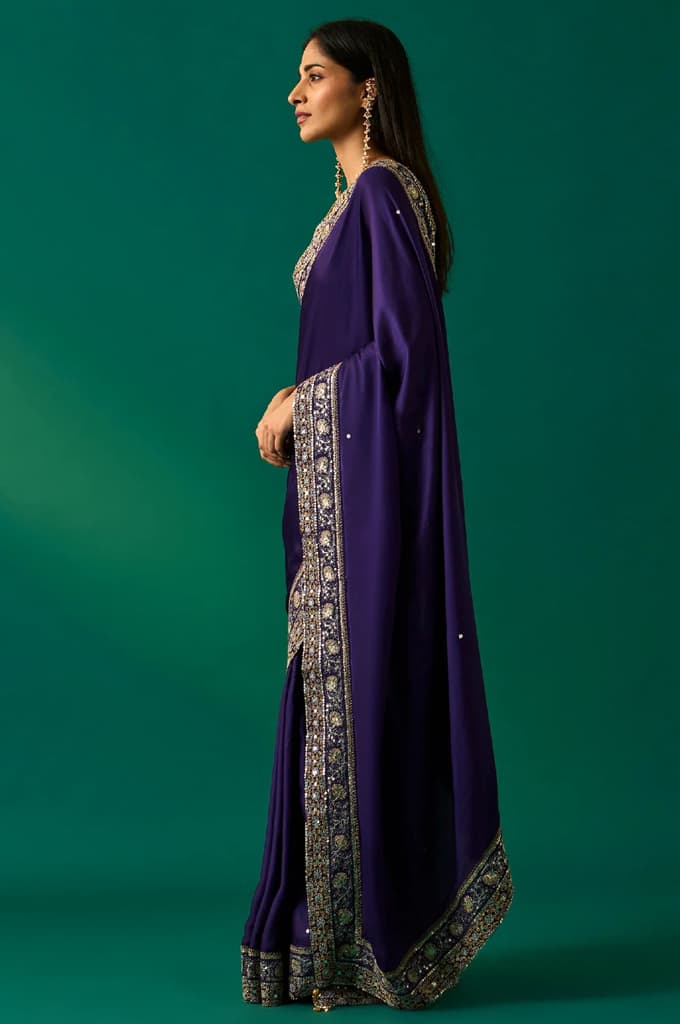 Purple Embroidered Zari Work Banarasi Satin Saree with Unstitched Blouse — photo 3