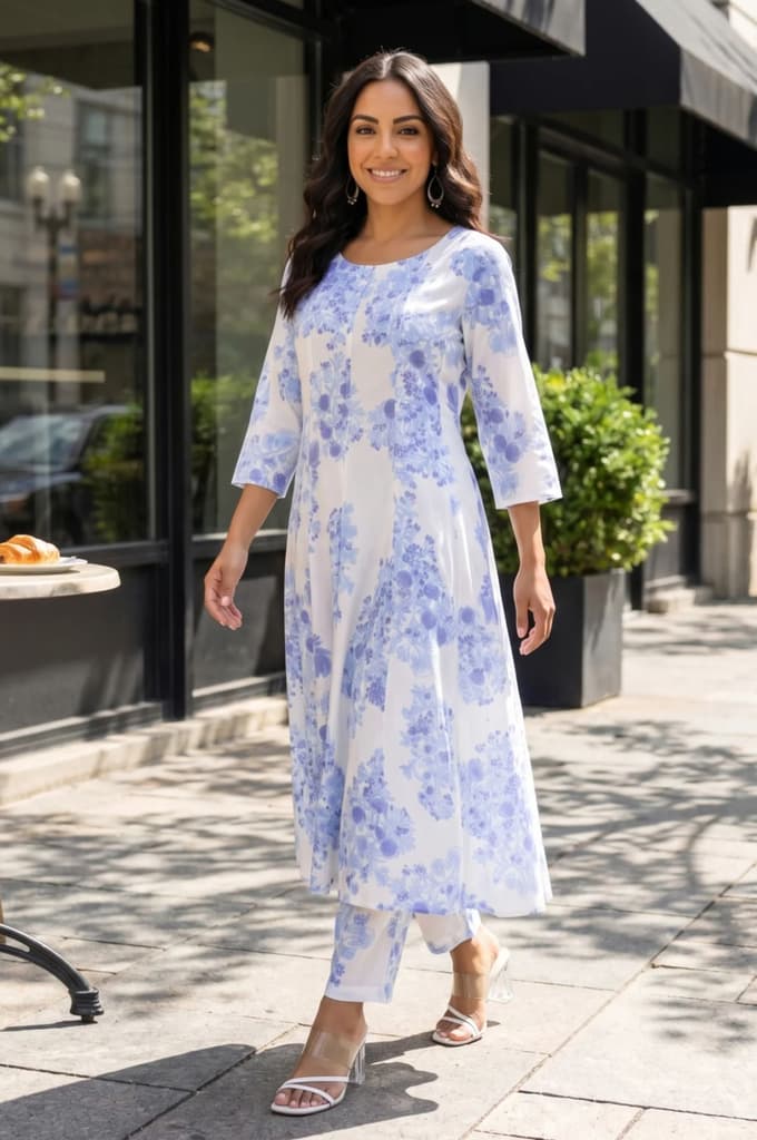 White Floral Printed Cotton Flax Flared Kurta — photo 4