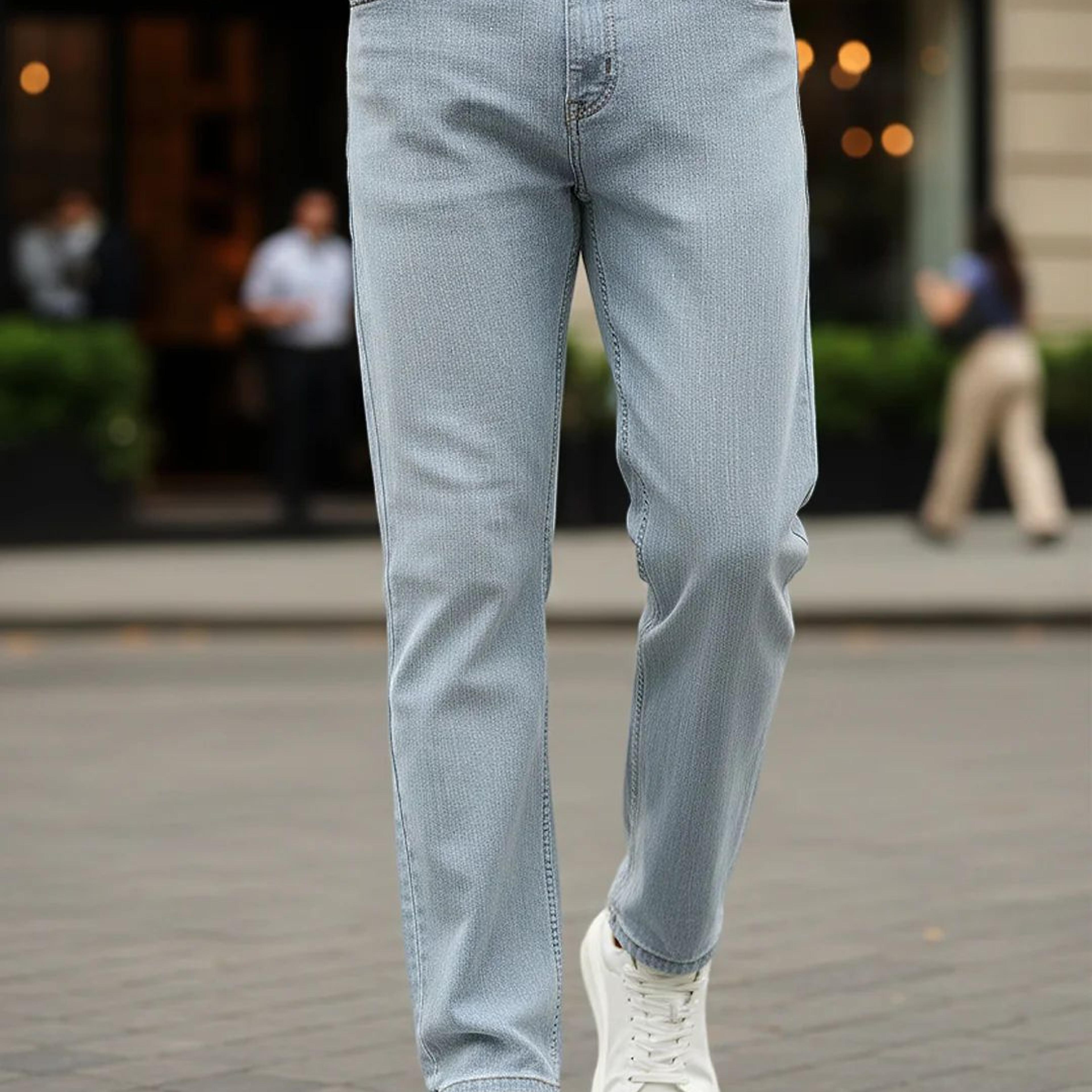 Men's Light Grey Straight Fit Washed Denim Jeans Stretchable