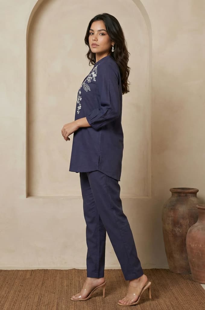 Navy Blue Embroidered Rayon Straight Shirt with Pants Co-ord Set — photo 4