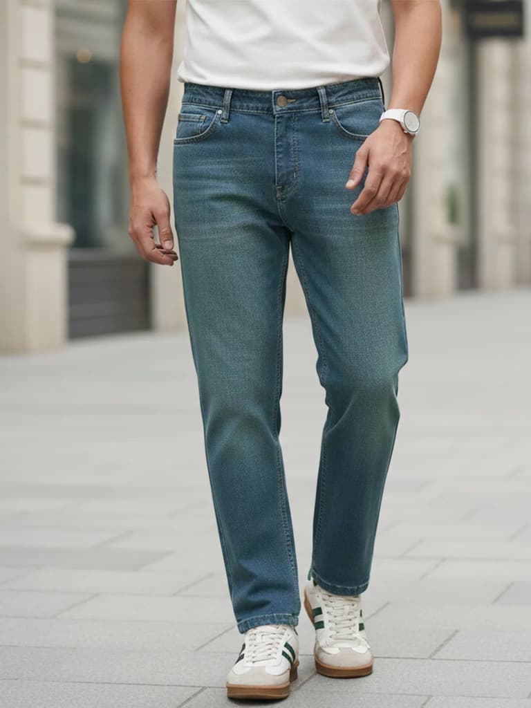 Men's Light Blue Regular Fit Whisker Wash Yellow Tint Denim Jeans Stretchable — 28 / Light Blue