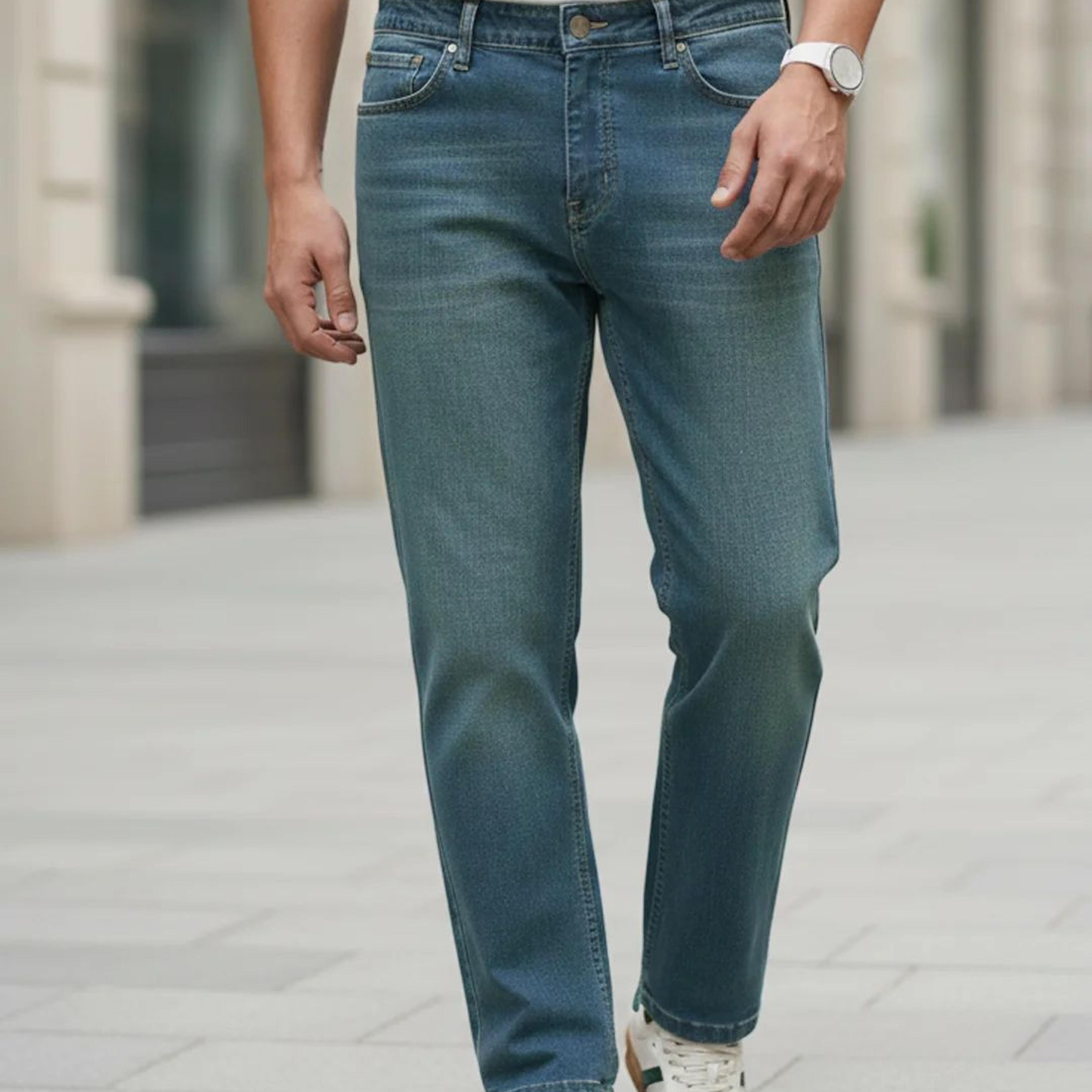 Men's Light Blue Regular Fit Whisker Wash Yellow Tint Denim Jeans Stretchable