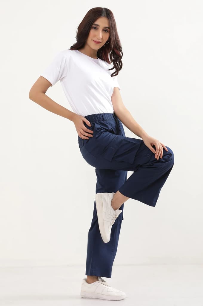 Navy Blue Solid Straight Fit Cotton Cargo Pants With Elasticated Waist — photo 2