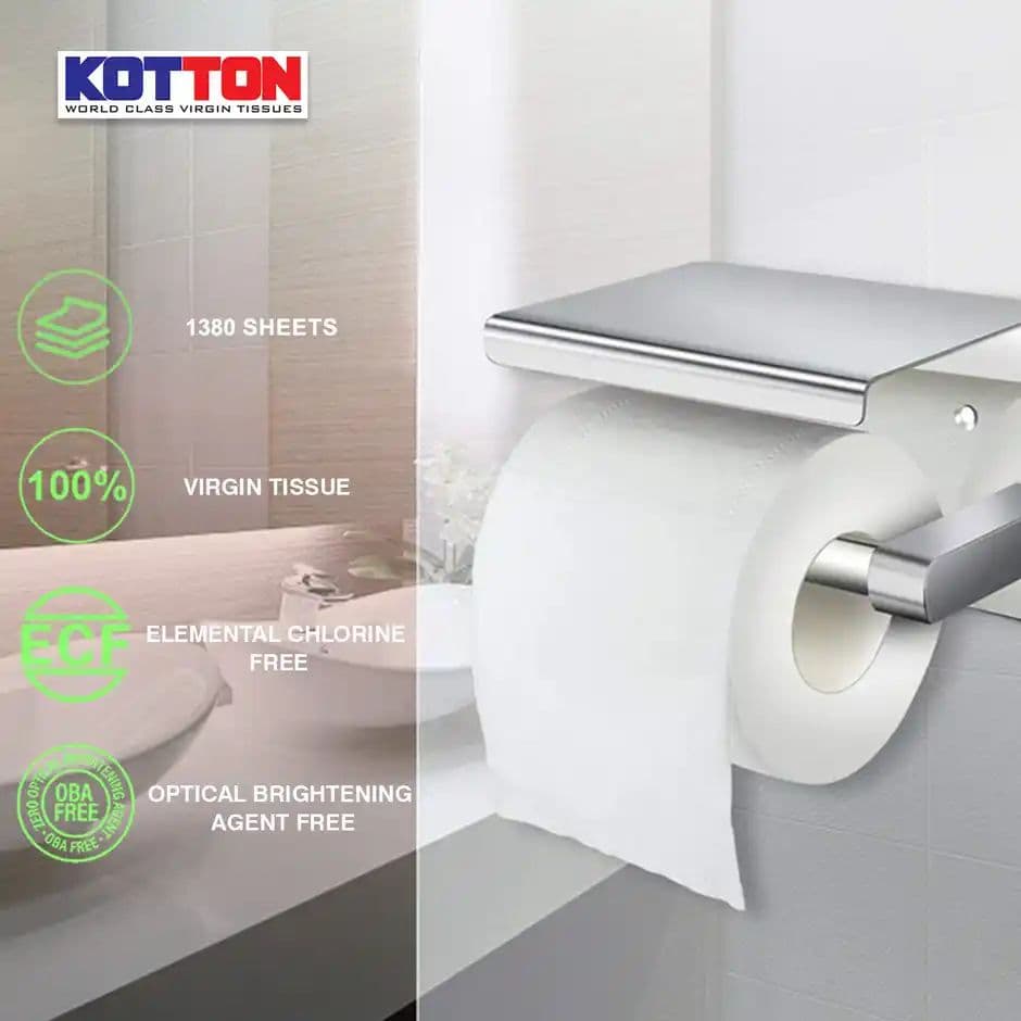 Kotton Toilet Roll - 2 Ply -100% Virgin Pulp/Paper, Pack of 6, 230 sheets