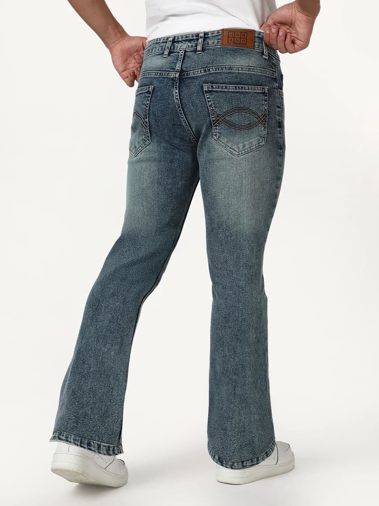 Men's Light Blue Bootcut Fit Mid Rise Tinted Heavy Washed Jeans Stretchable — photo 3