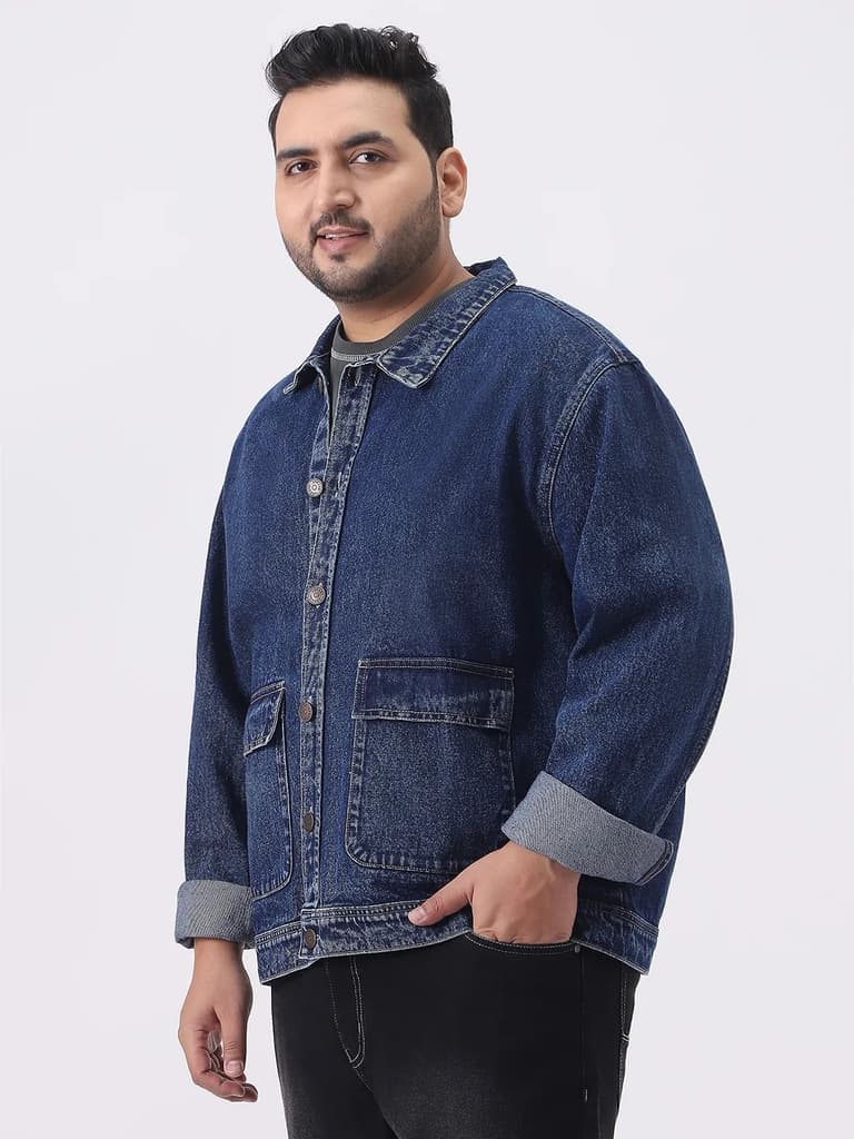 Plus Men's Blue Relaxed Fit Full Sleeve Utility Denim Jacket — photo 3