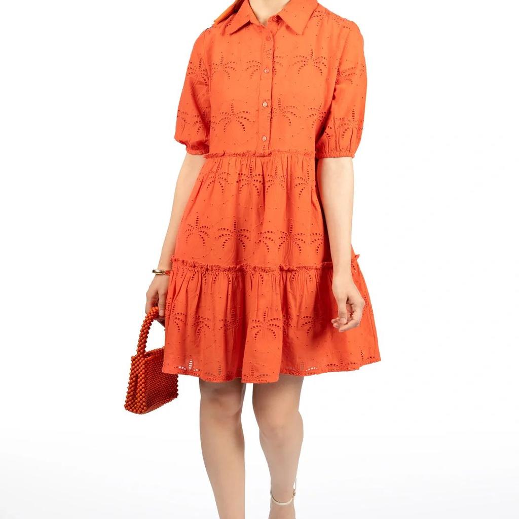 Red Cotton Schiffli Fit & Flare Dress