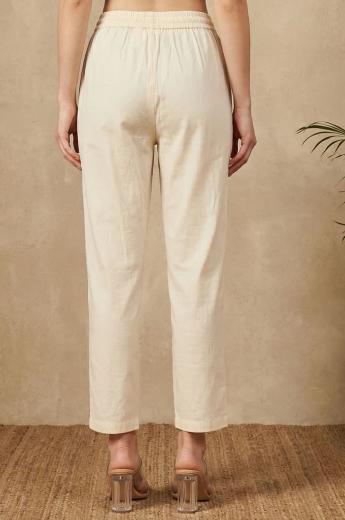 Beige Solid Pure Cotton Ankle Length Straight Pants — photo 4