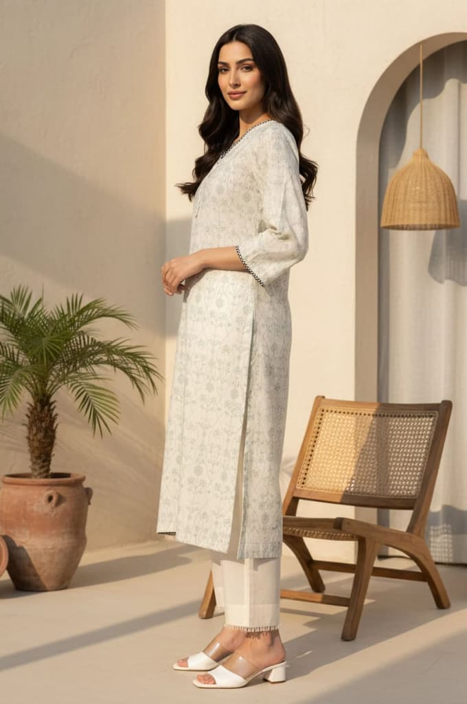 Off White Floral Printed Piping Detail Pure Cotton Straight Kurta — photo 2