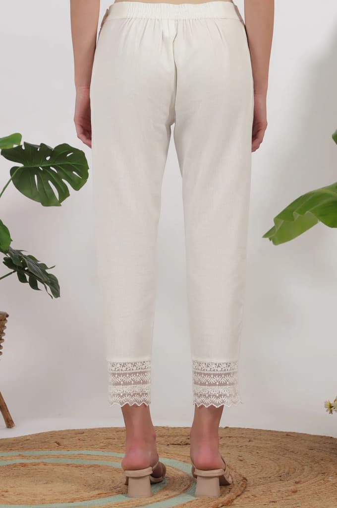White Solid Cotton Flax Slim Pants with Lace — photo 4