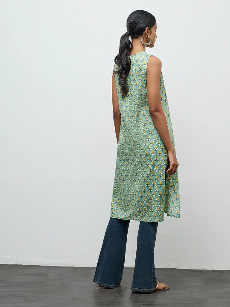 Utsa Mint Floral Printed Cotton Straight Kurta — photo 4